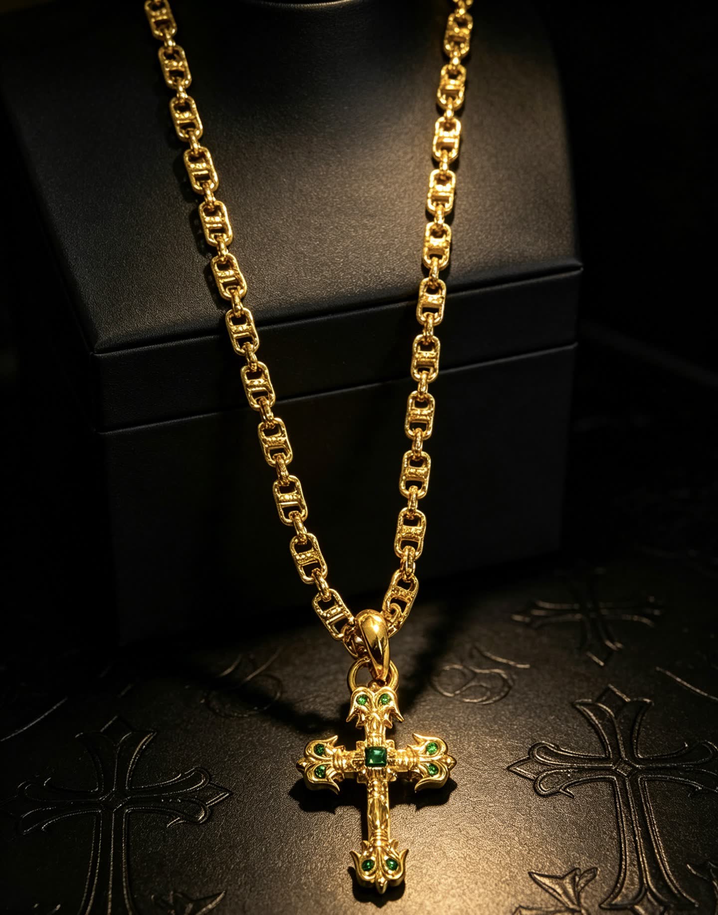 Chrome Hearts Gold-Plated Cross Pendant Necklace with Emerald Accents